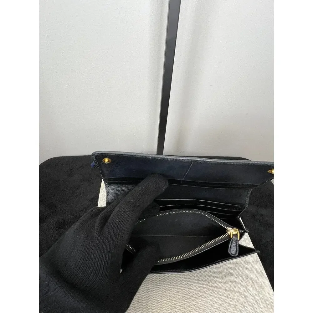 Prada Black Saffiano Leather Continental Flap Wallet Gold Logo Made Italy